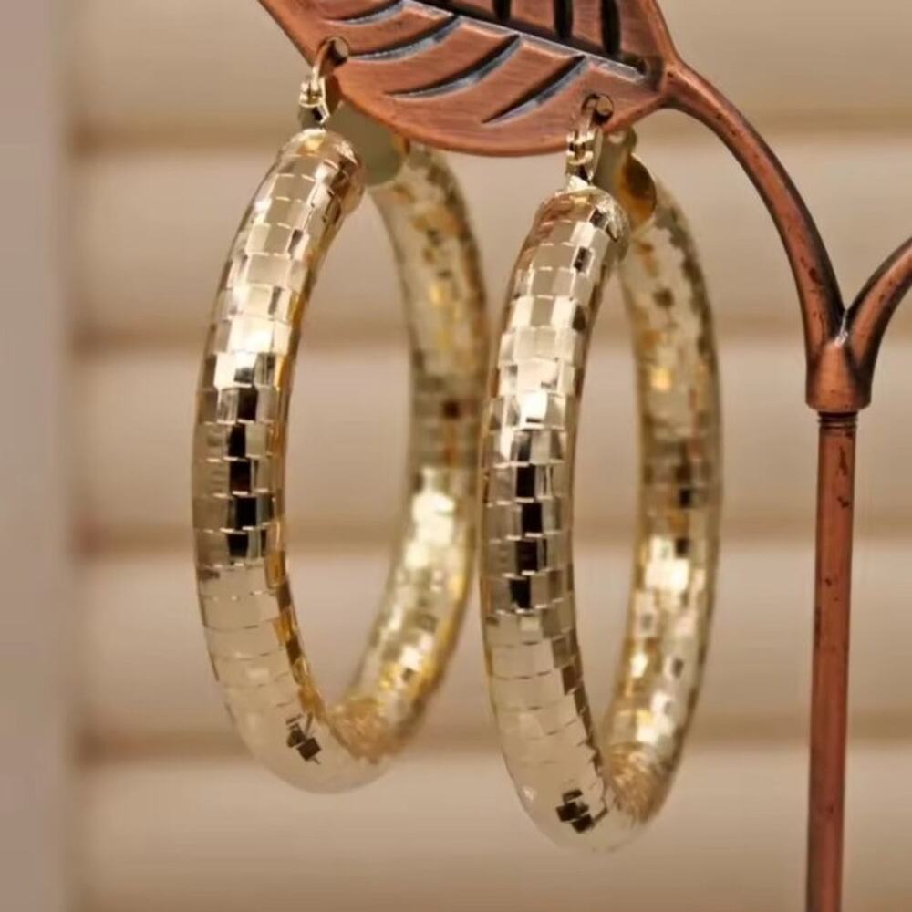 18k Gold Plated 1.5 in. x 4 mm. Hoop Earrings Women's 70s 80s Disco Fashion Gift
